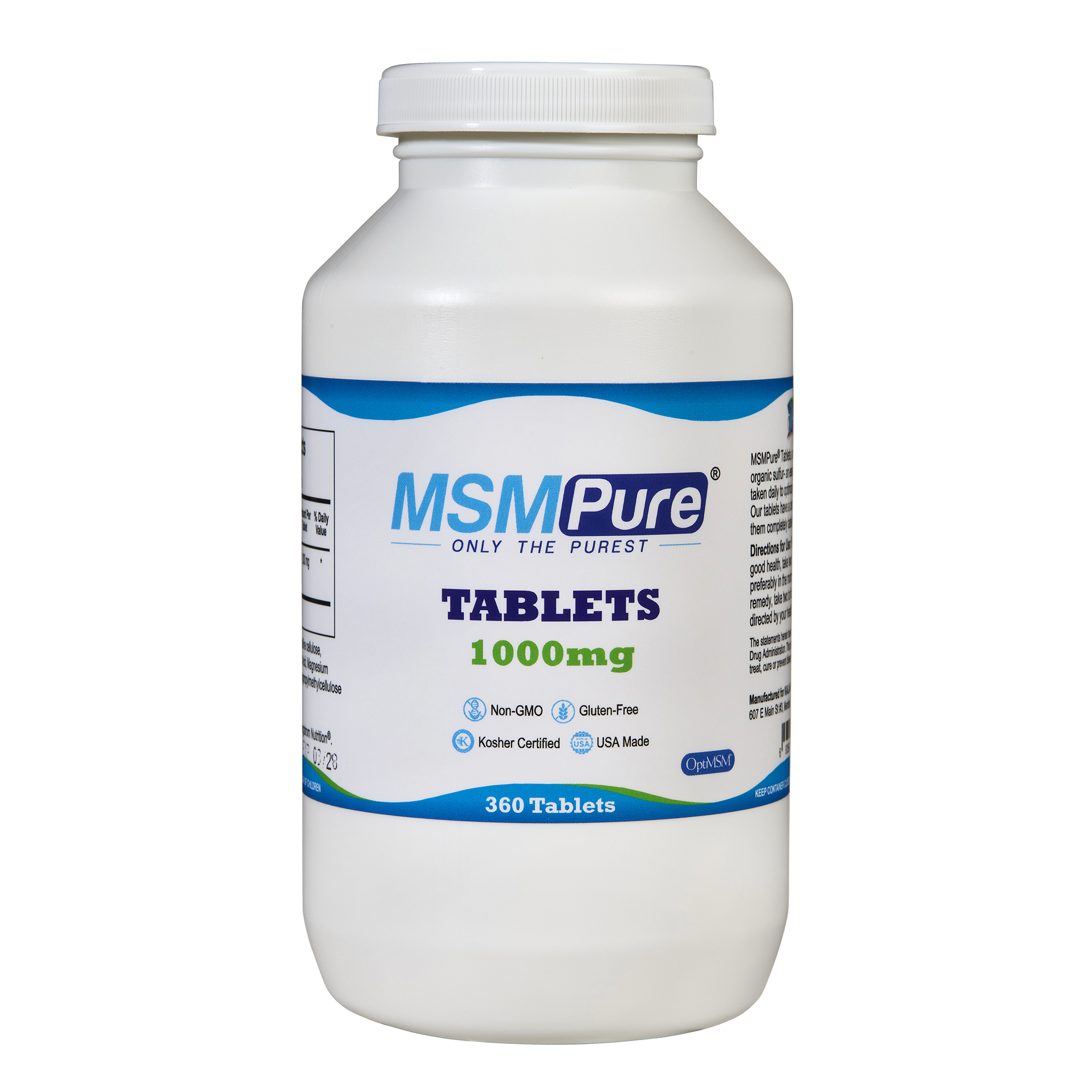 MSMPure MSM Tablets – 1,000 mg Organic Sulfur per Tablet for Joint Flexibility, Skin & Hair Support- US-Sourced MSM