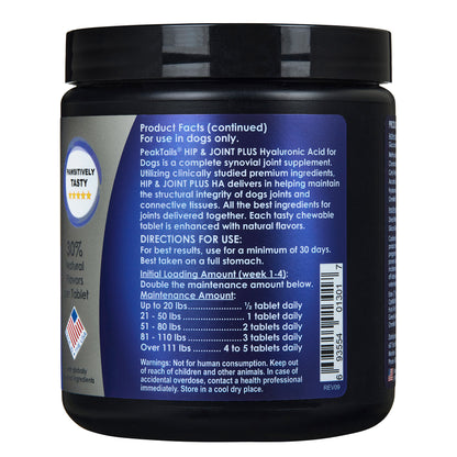 PeakTails Hip & Joint Plus HA for Dogs – Glucosamine, Chondroitin, OptiMSM, Ester-C & Hyaluronic Acid – Supports Joint Mobility & Comfort