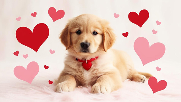 puppy surrounded by hearts