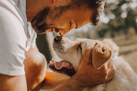 man hugging dog