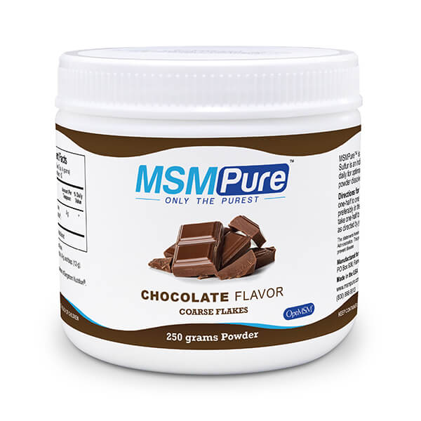 250 gram container of MSM Pure Chocolate flavor Coarse MSM Flakes