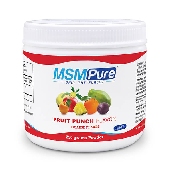 250 gram container of MSM Pure Fruit Punch flavor Coarse MSM Flakes