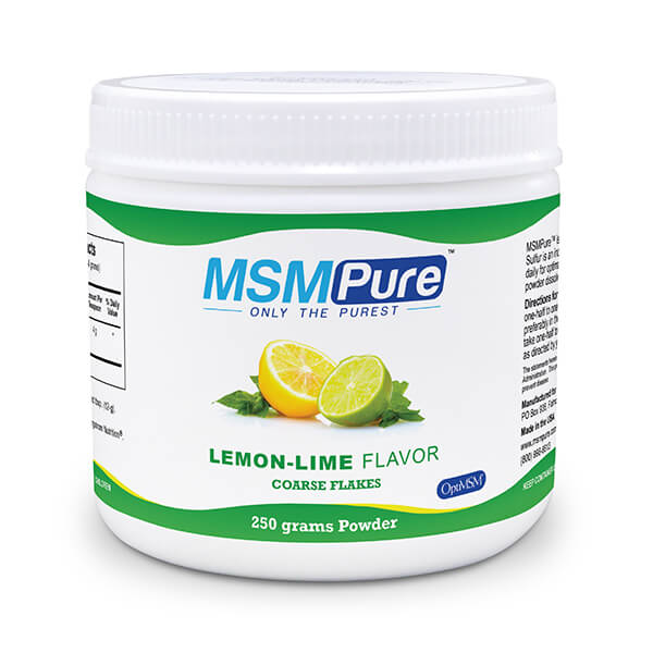 250 gram container of MSM Pure Lemon-Lime flavor Coarse MSM Flakes