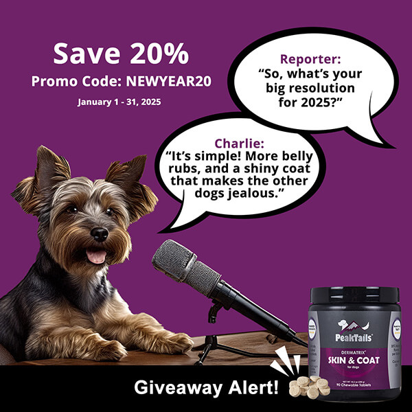 Save 20% off PeakTails Skin & Coat dog speaking on microphone